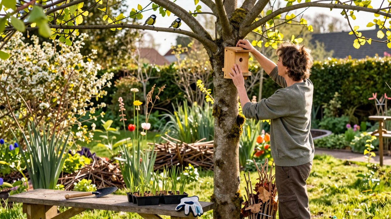 Pessoa a pendurar uma casa para pássaros numa árvore num jardim florido em dia ensolarado.