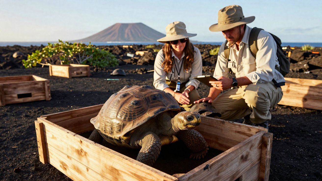 Dois cientistas observam e registam dados de uma tartaruga gigante numa caixa de madeira numa paisagem vulcânica.