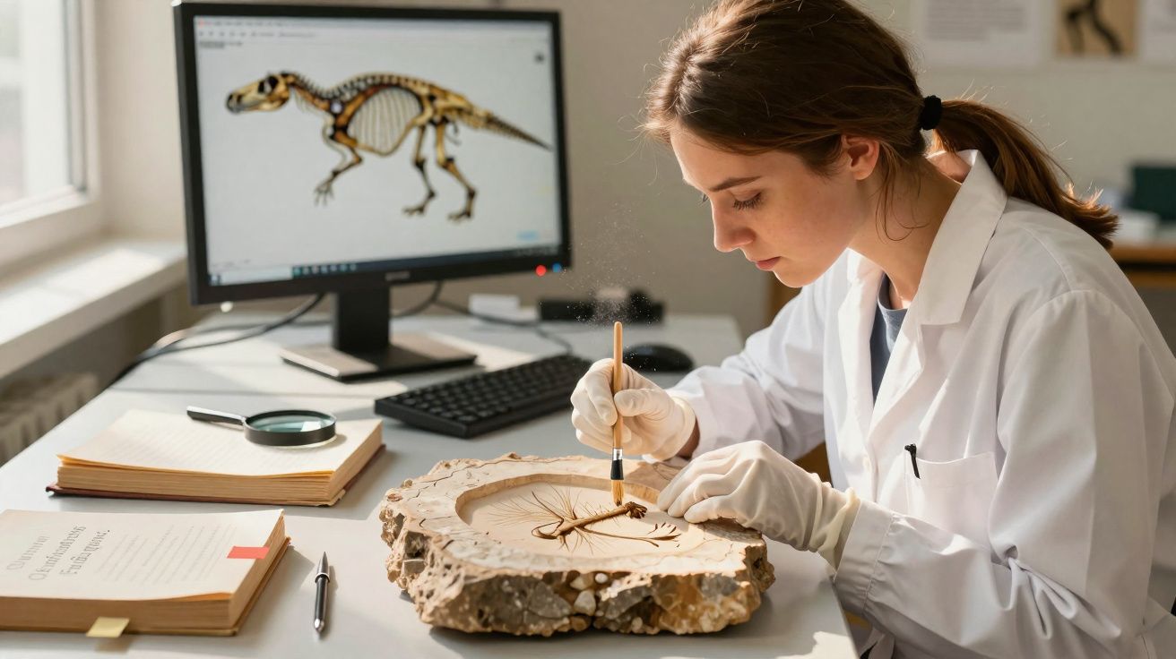 Jovem cientista em laboratório examina e limpa fóssil com pincel, computador com esqueleto de dinossauro ao fundo.