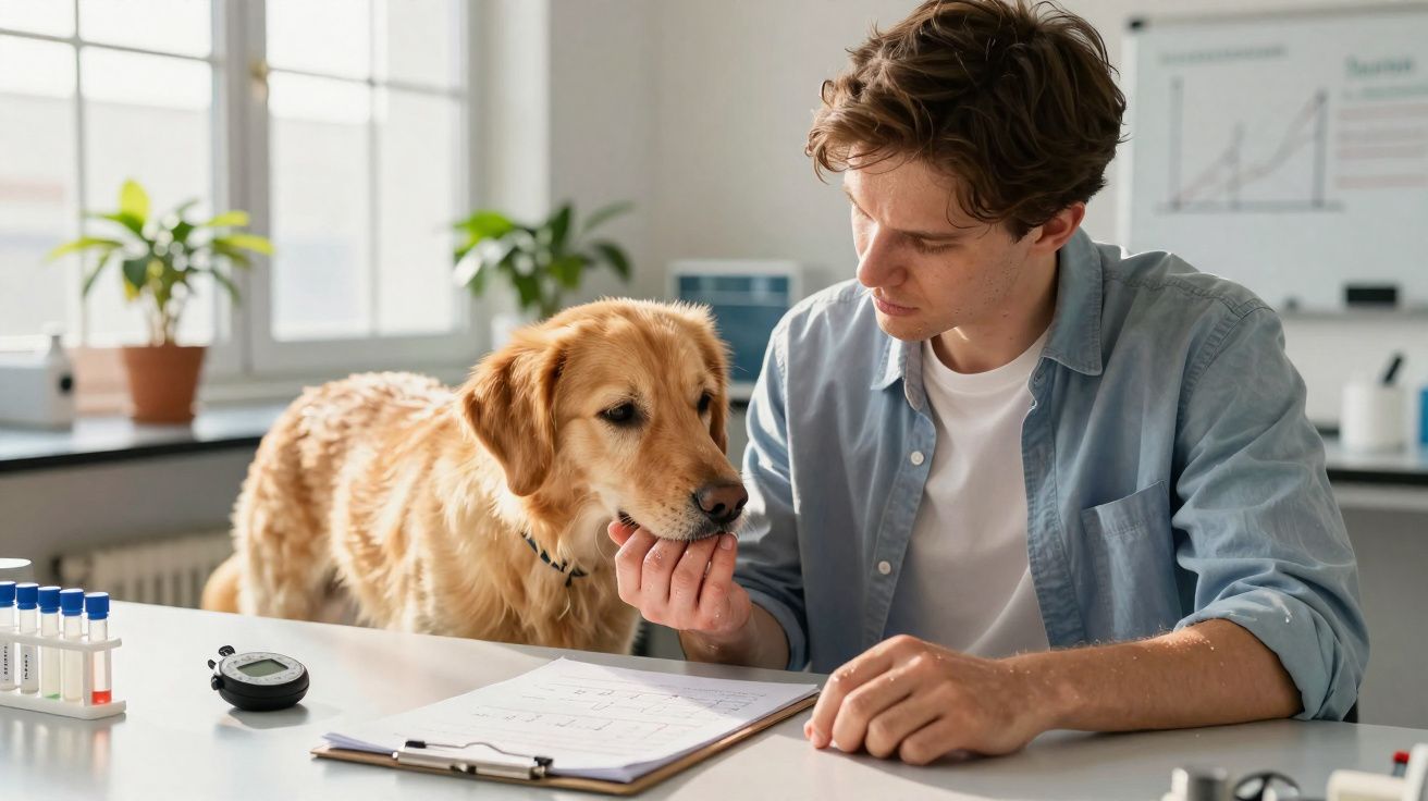 Homem a alimentar cão Golden Retriever enquanto analisa documentos num escritório.