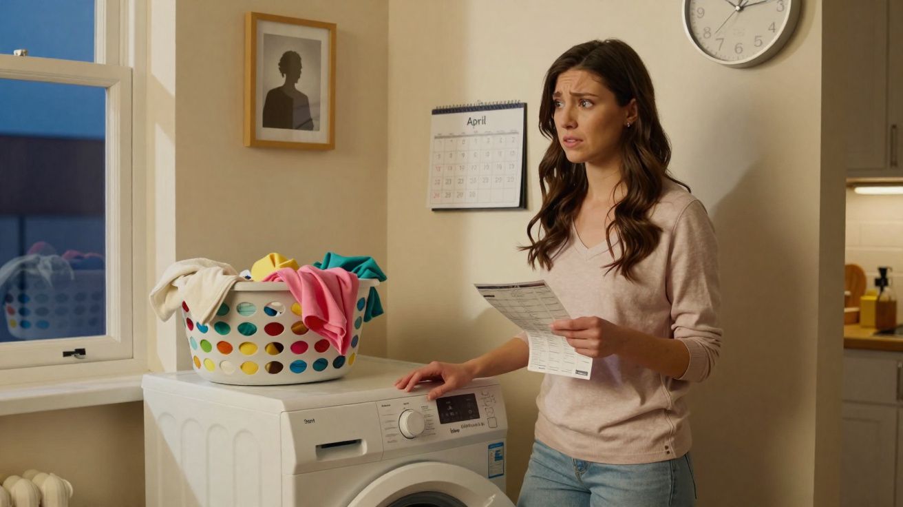 Mulher preocupada consulta instruções junto a máquina de lavar roupa numa lavandaria doméstica.