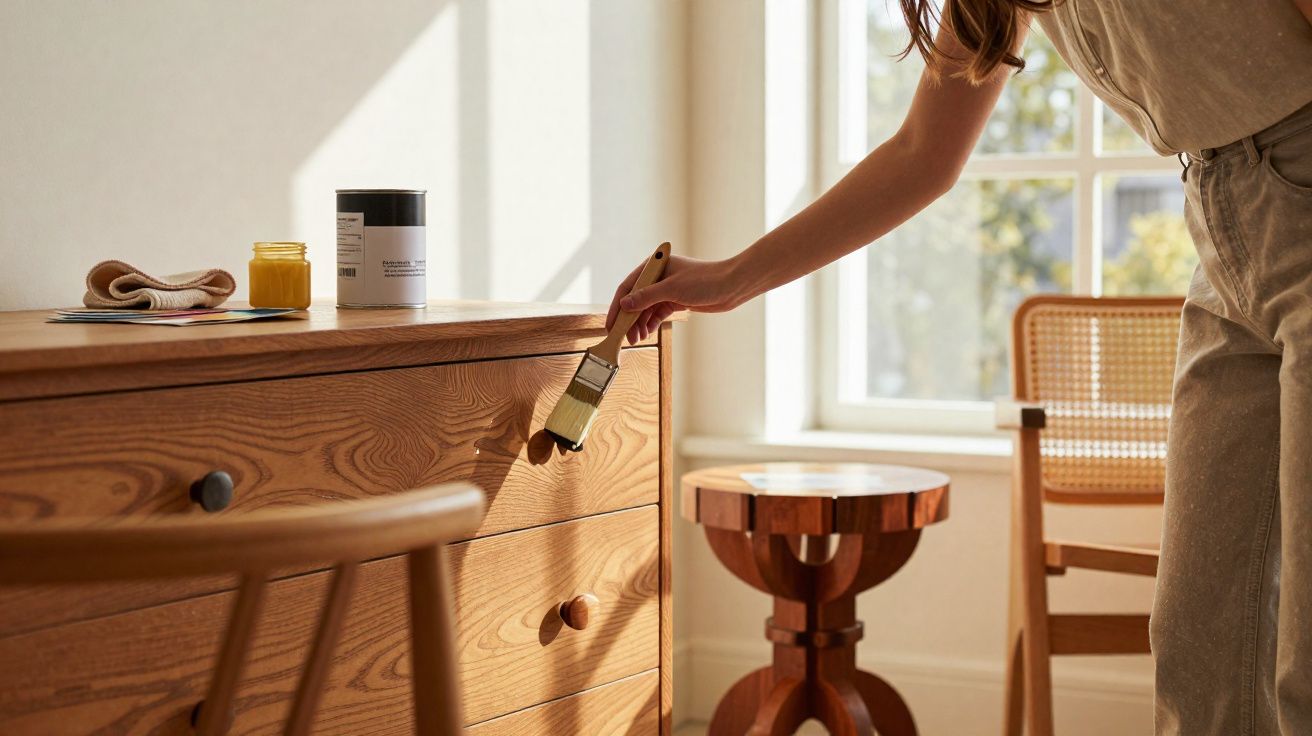Pessoa a aplicar verniz num móvel de madeira numa sala iluminada com móveis de madeira.