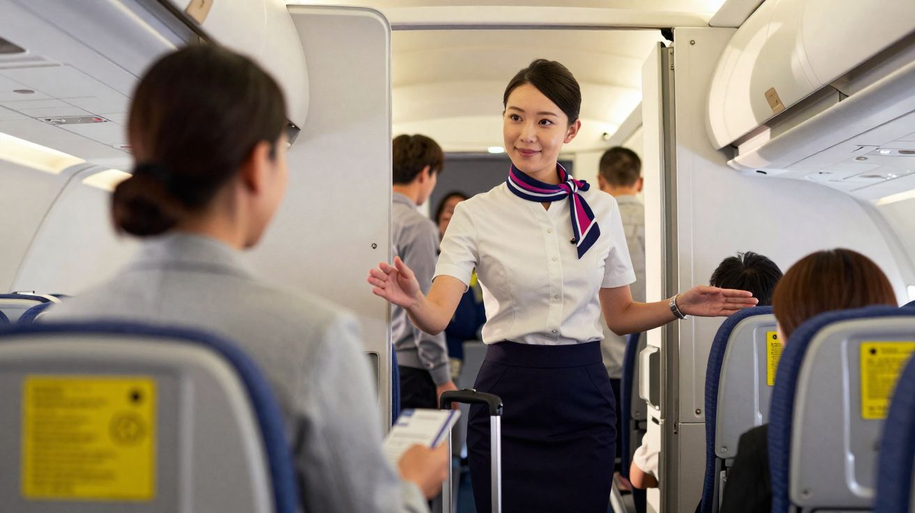 Comissária de bordo a indicar o lugar a passageiros no interior de um avião comercial.