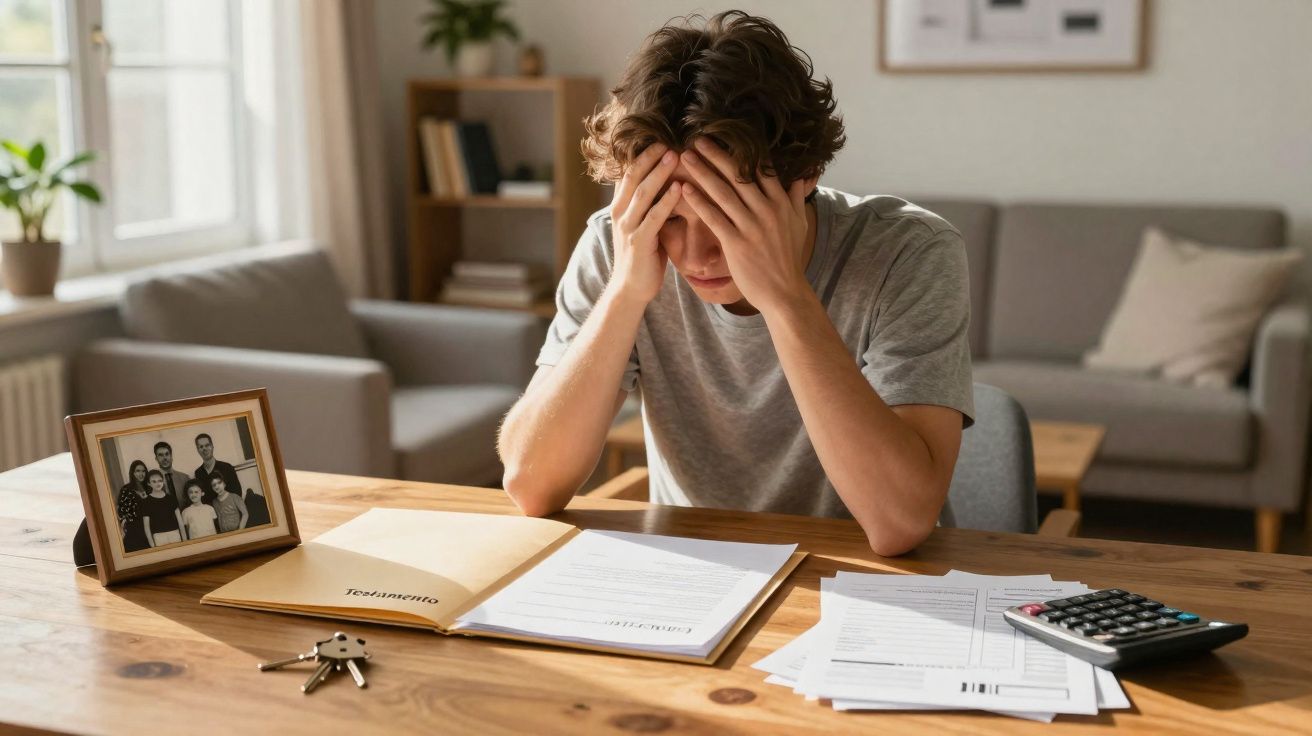 Jovem sentado à mesa com mãos na cabeça, rodeado de documentos, chave, calculadora e foto de família.