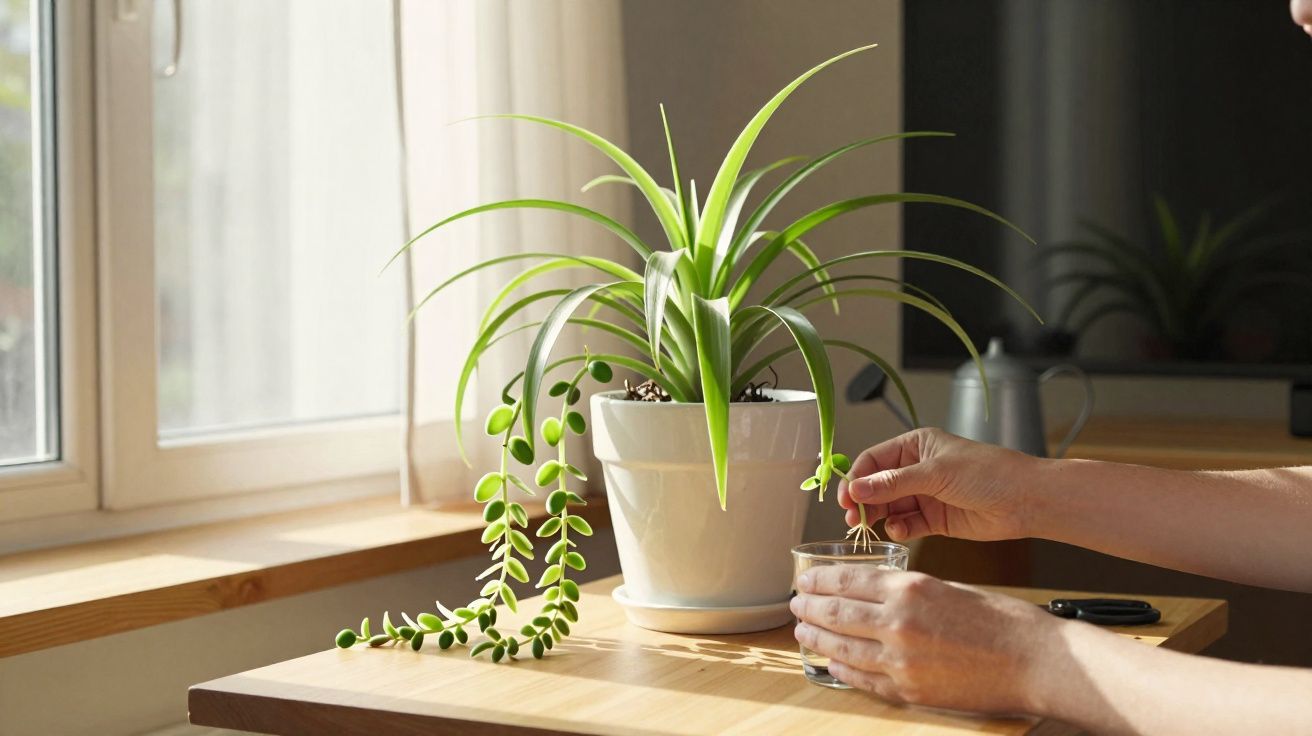 Pessoa a cuidar de planta suculenta em vaso junto a janela iluminada por luz natural.