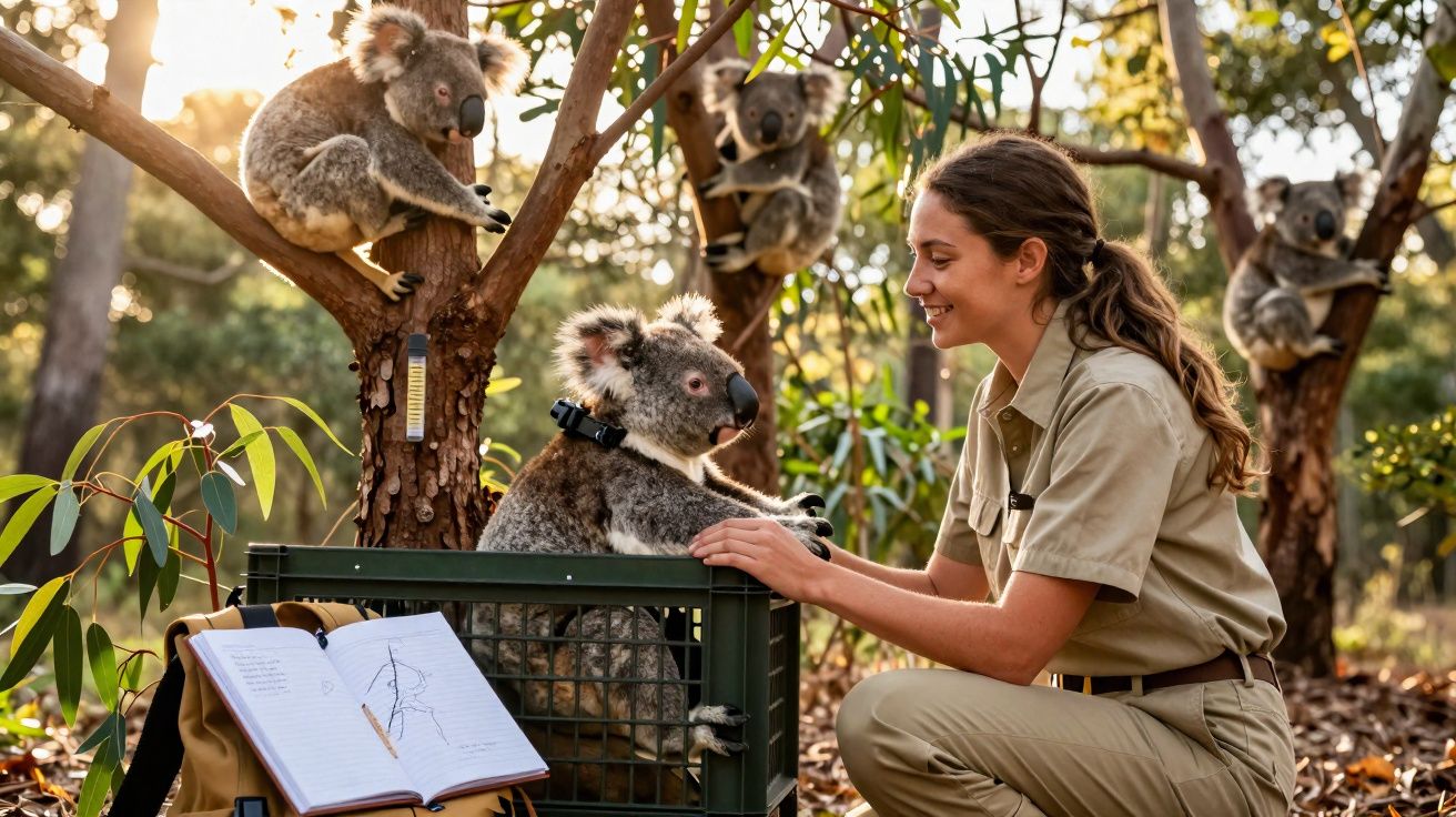 Mulher cuida de coala numa caixa ao ar livre, rodeada de três coalas em árvores ao entardecer.