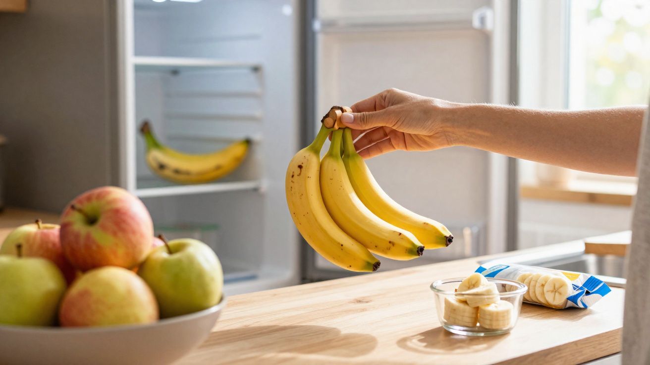 Mão a segurar um cacho de bananas junto a bancada com uma taça de rodelas de banana e um cesto de maçãs.