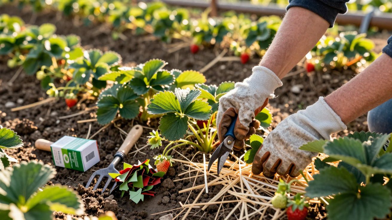 Mãos com luvas a cuidar de plantas de morango num jardim com ferramentas e palha no solo.