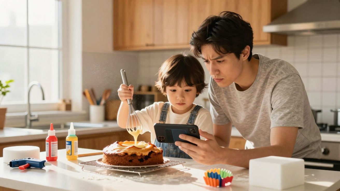 Pai e filho concentram-se a decorar um bolo na cozinha, usando telemóvel para seguir instruções.