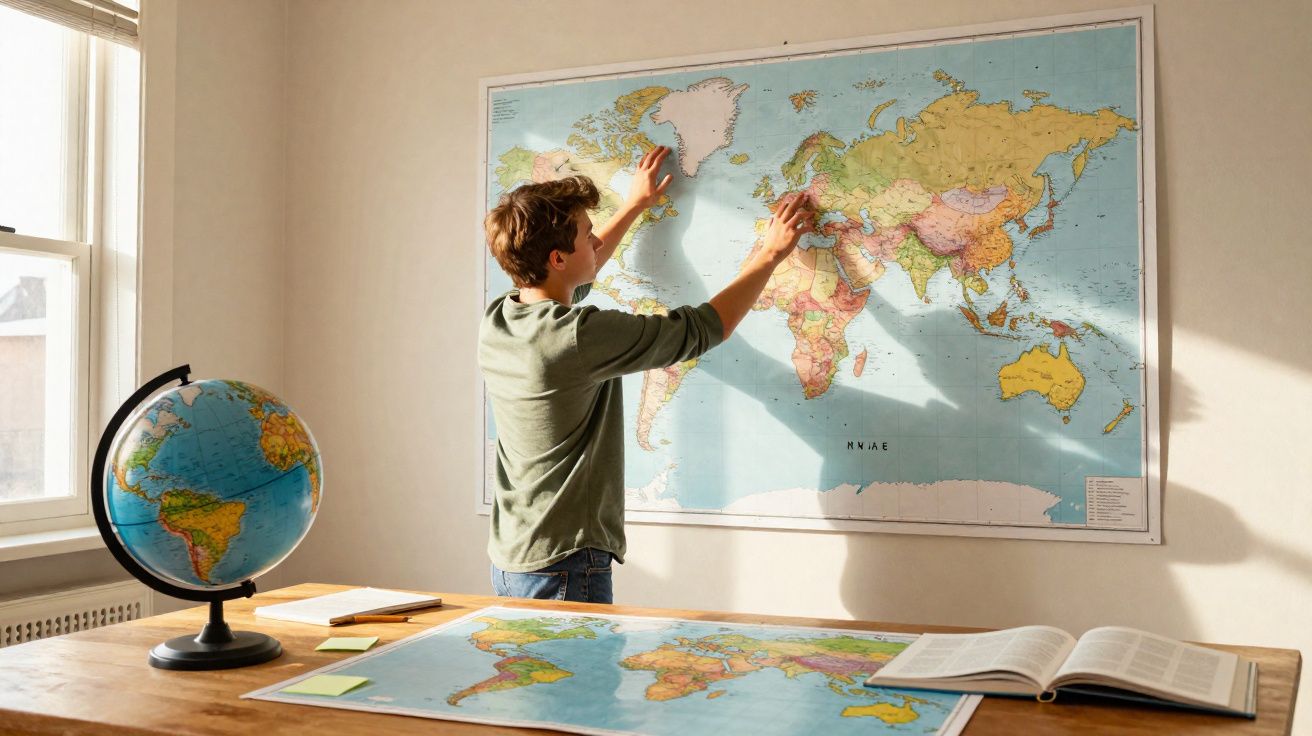 Rapaz de meia-idade a estudar mapas mundiais numa sala iluminada, com globo e livro aberto.