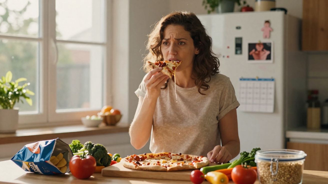 Mulher com expressão preocupada a comer pizza num balcão de cozinha com legumes frescos e snacks à volta.