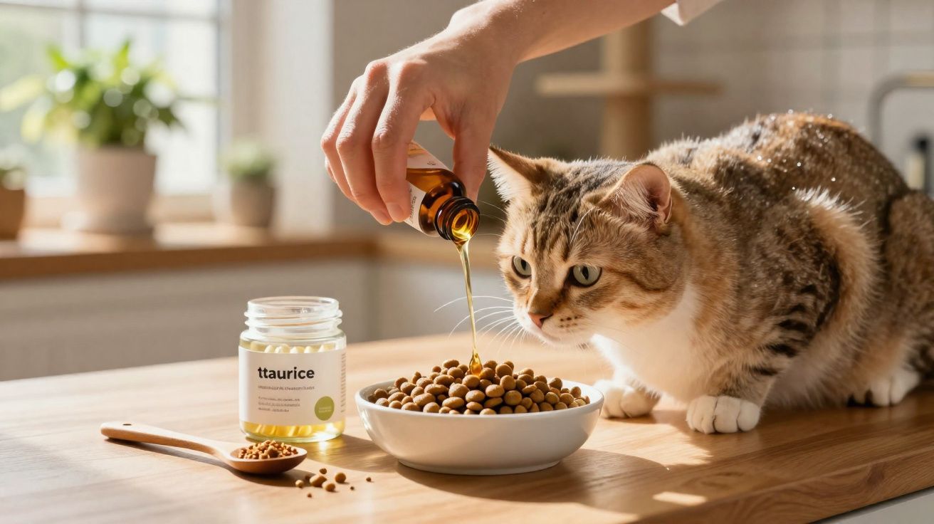 Gato junto a tigela de comida seca enquanto mão derrama suplemento líquido sobre a ração numa mesa de madeira.
