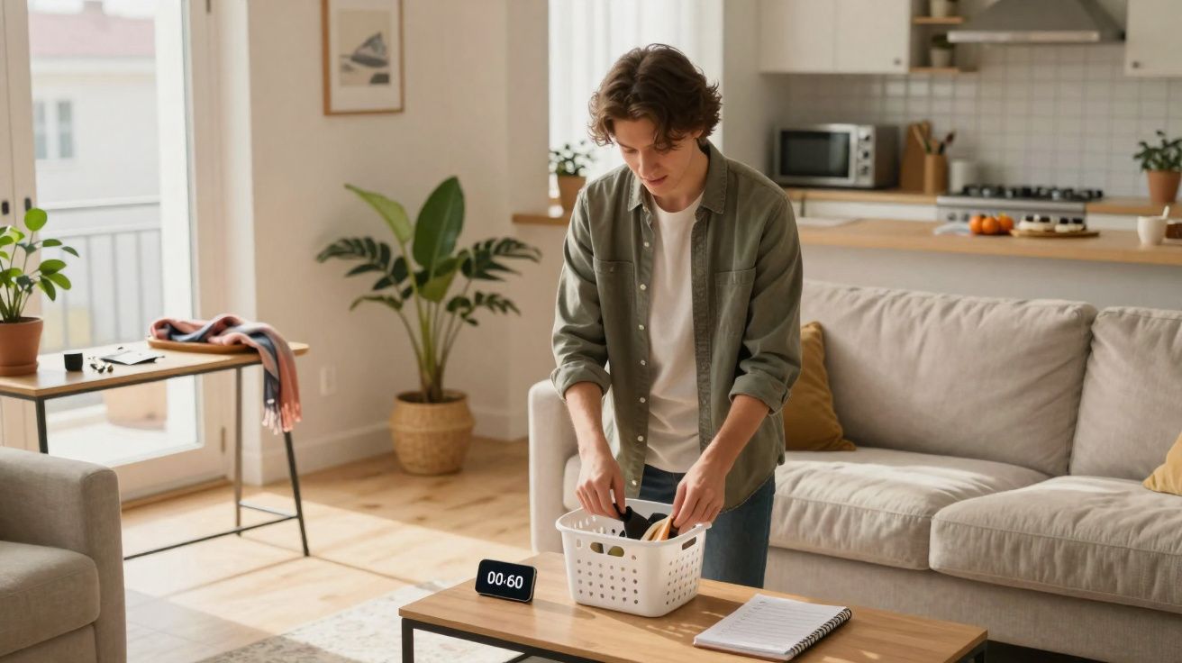Jovem arruma coisas numa caixa branca numa sala de estar com sofá bege e plantas.