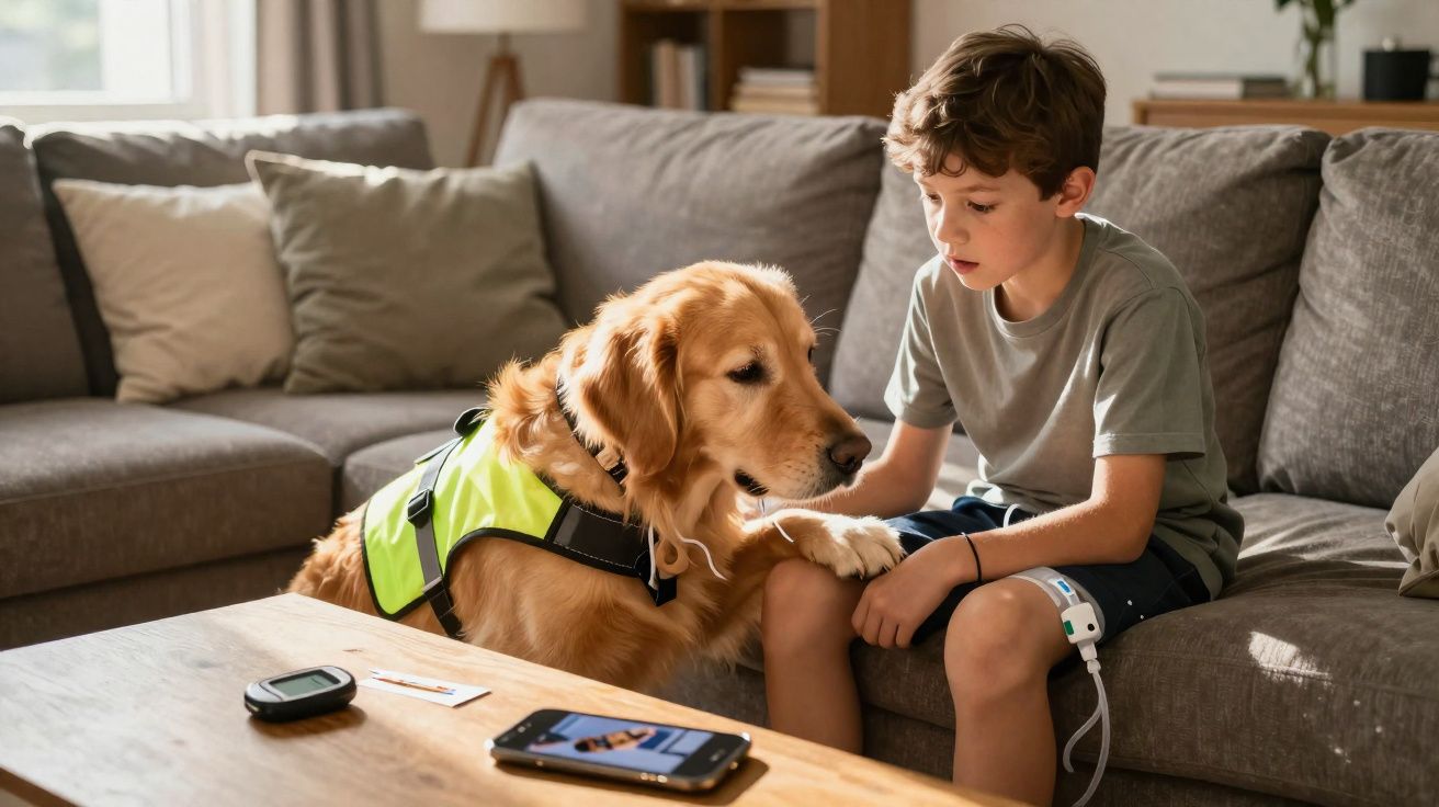 Criança sentada no sofá com dispositivo medical na perna, acariciando um cão de serviço com colete amarelo.