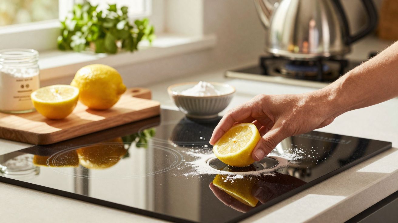 Mão a esfregar meio limão com sal numa placa de fogão preta numa cozinha iluminada.