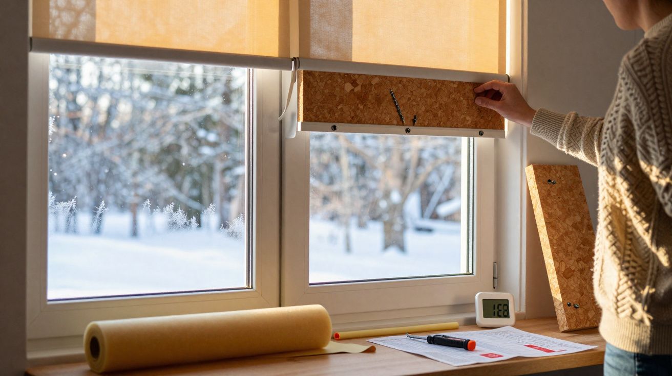 Pessoa a abrir estore tecido com janela para paisagem nevada e mesa com rolo de papel e documentos.