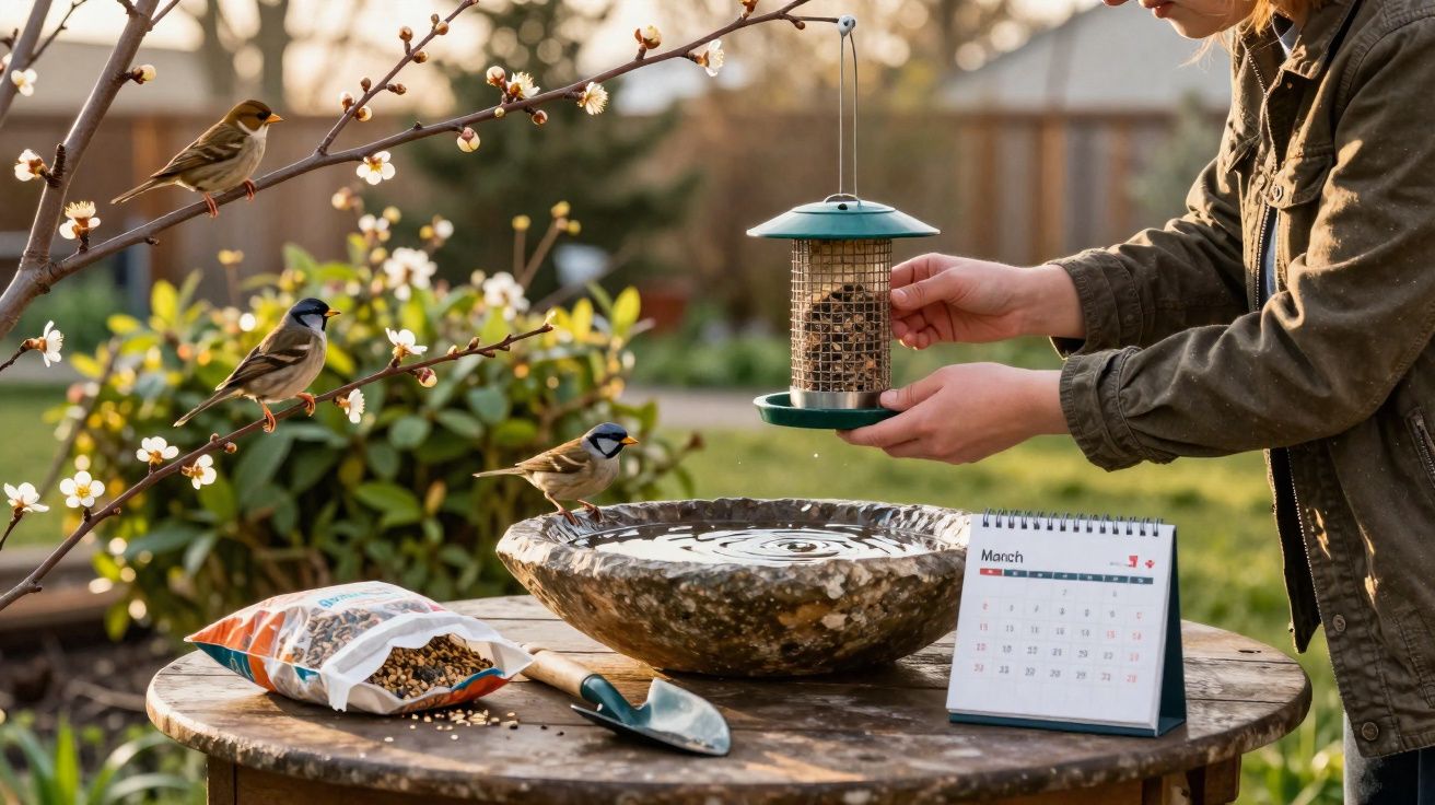 Pessoa a pendurar comedouro para pássaros num ramo florido durante o dia em jardim, com comedouro, sementes e calendário.
