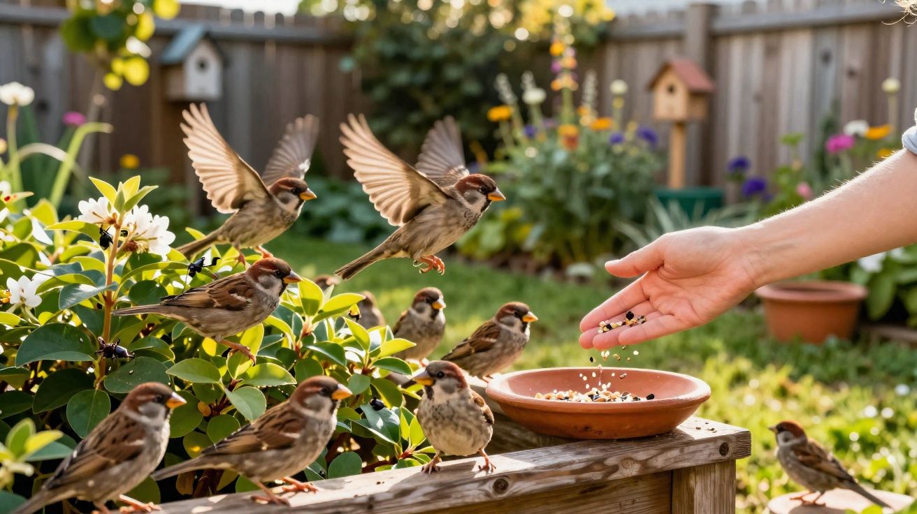 Mãos a alimentar pardais junto a um prato de sementes num jardim florido e ensolarado.