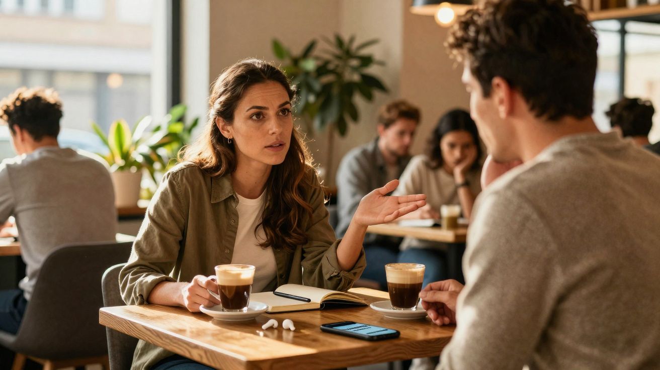 Duas pessoas sentadas numa cafetaria a conversar, com café e telemóvel sobre a mesa.