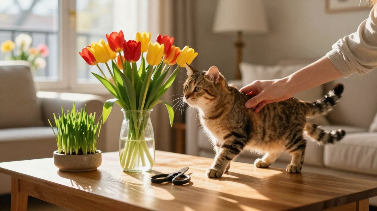 Gato junto a vaso com tulipas amarelas e vermelhas numa mesa de madeira, com mão a afagar o gato.