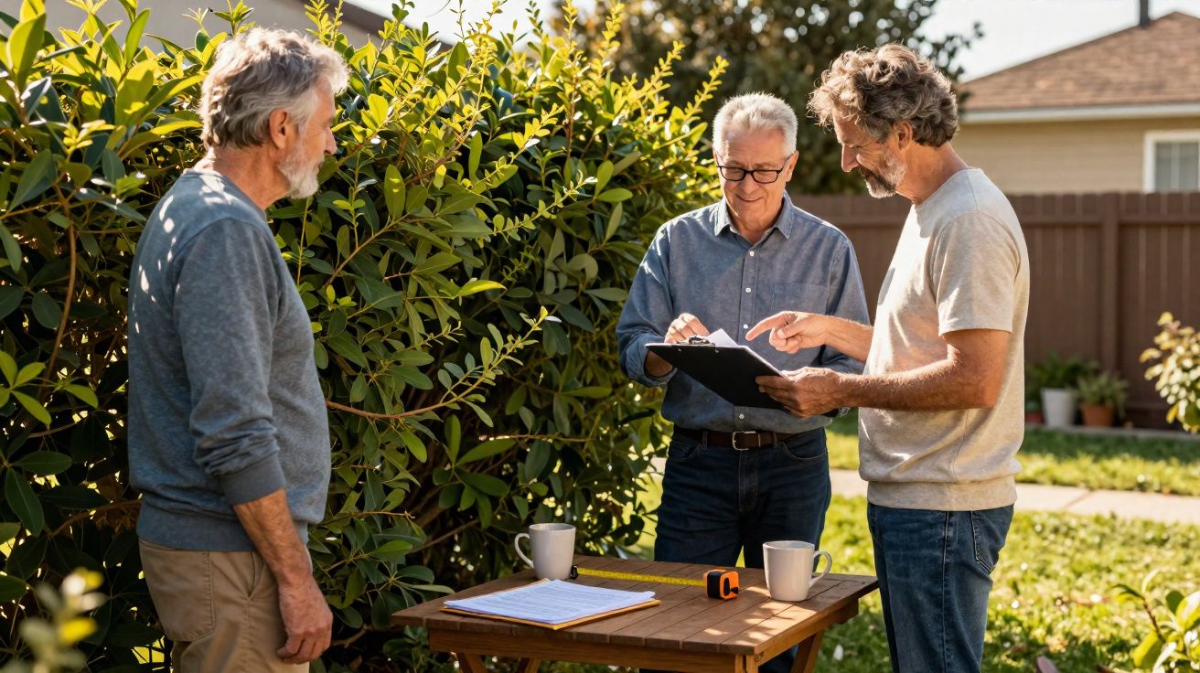 Três homens adultos conversam ao ar livre junto a uma mesa de madeira com documentos e duas canecas.