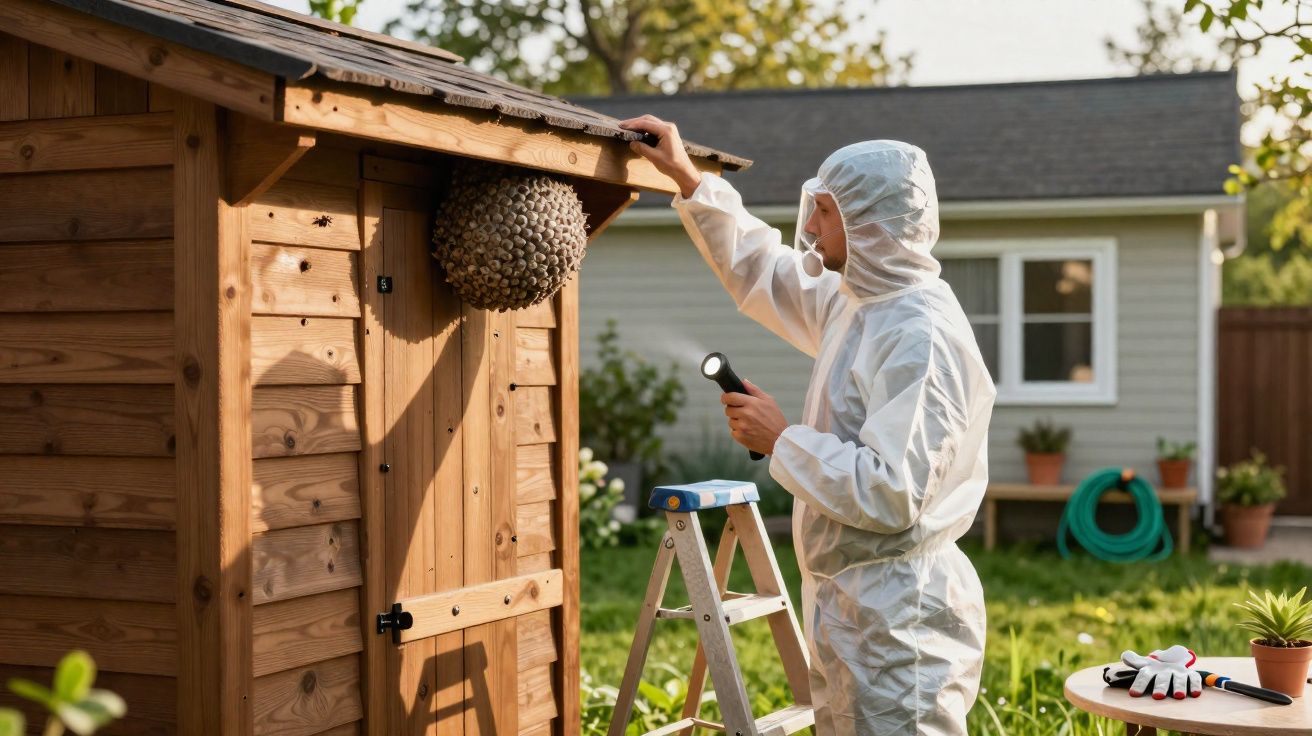 Pessoa com fato protetor a remover um enxame de abelhas de um abrigo de madeira num jardim.