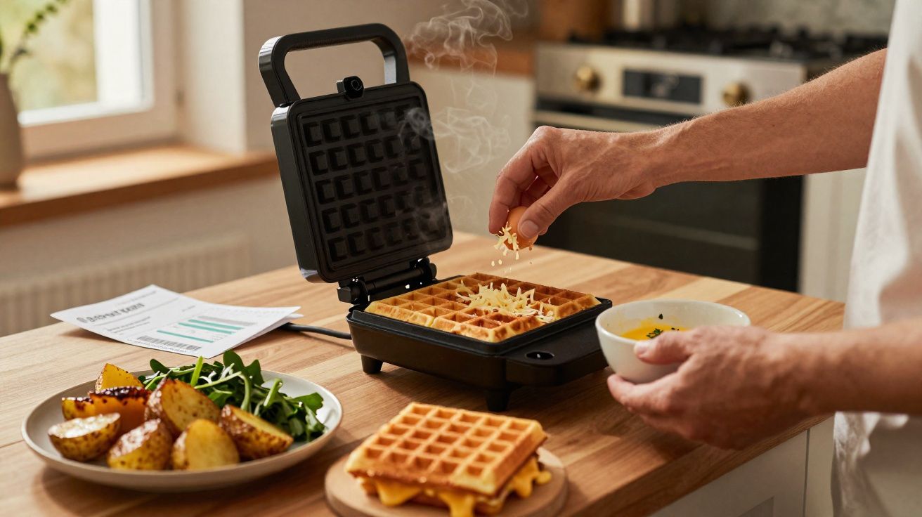 Pessoa a polvilhar queijo ralado numa máquina de waffles enquanto cozinha na cozinha moderna.