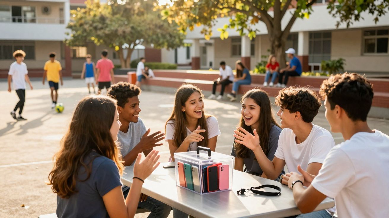 Grupo de adolescentes sentados à mesa ao ar livre, a conversar e rir num ambiente escolar.