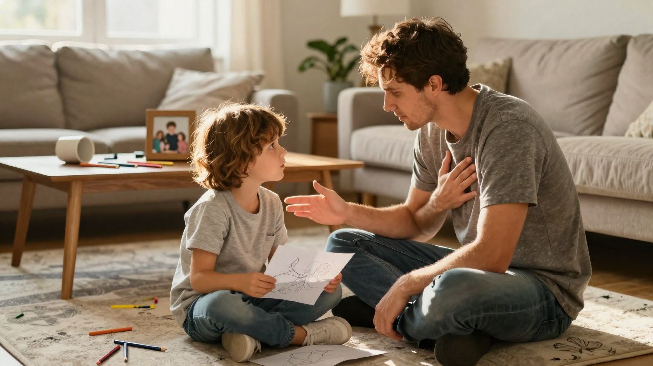 Pai e filho sentados no chão da sala a conversar, o filho segura um desenho e há lápis espalhados.
