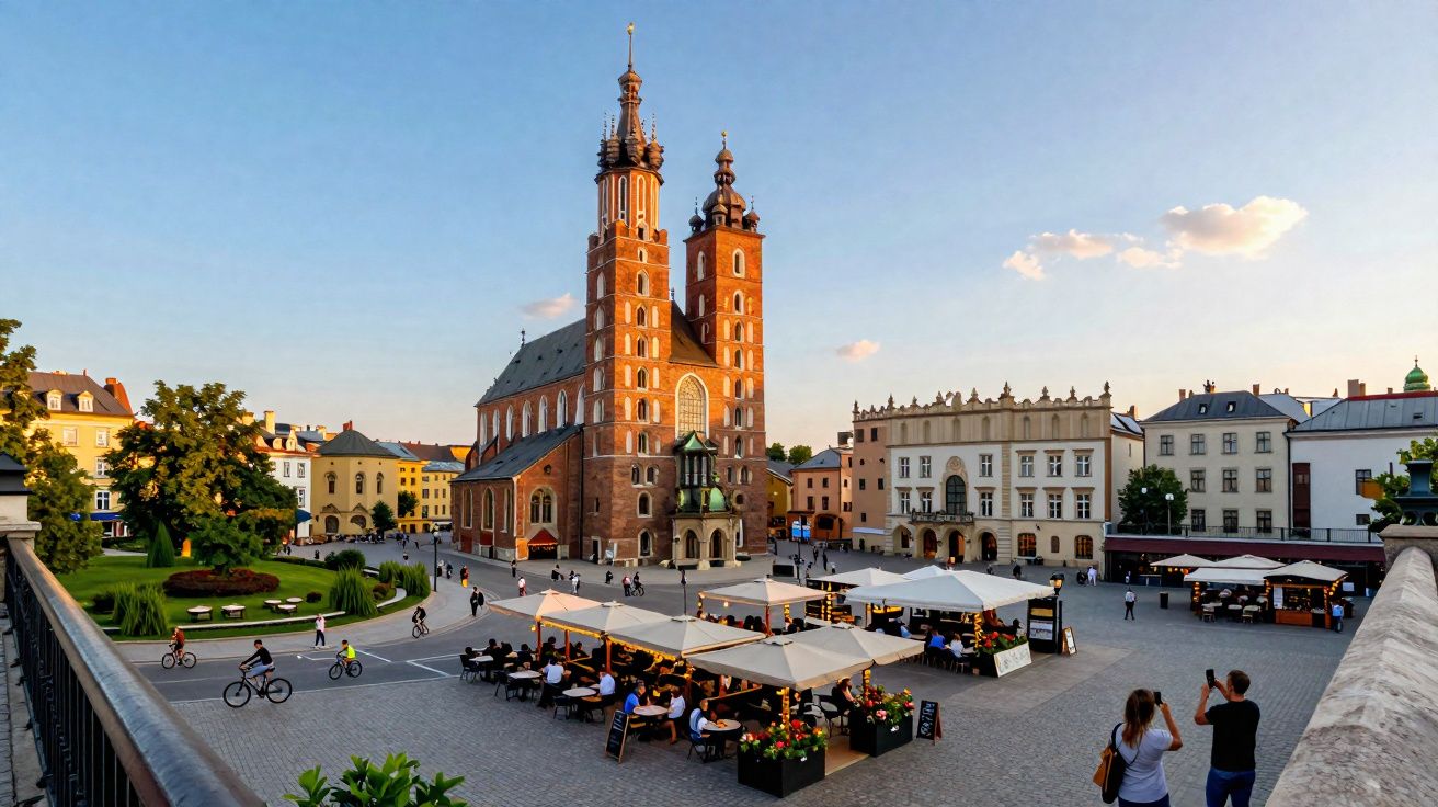 Praça com catedral de torres góticas e esplanadas em dia ensolarado com pessoas e bicicletas.