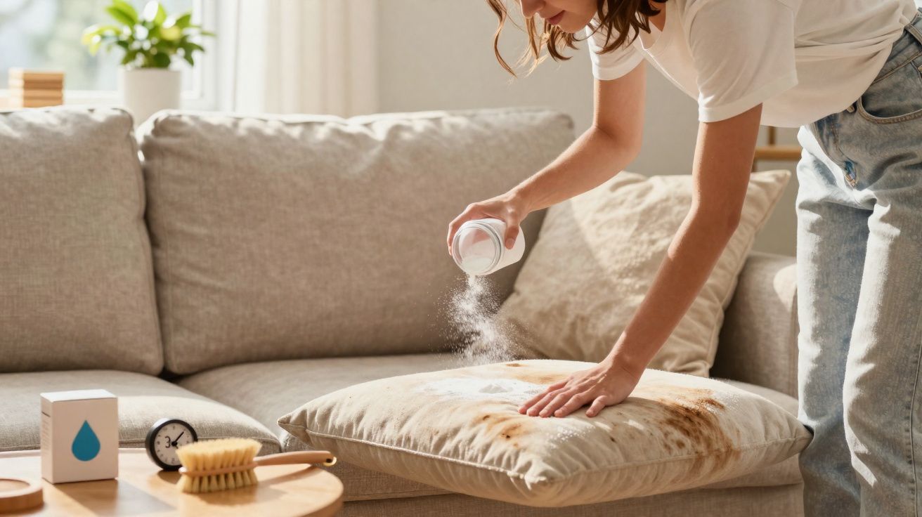 Pessoa a aplicar pó de limpeza num almofadão sujo numa sala de estar iluminada.