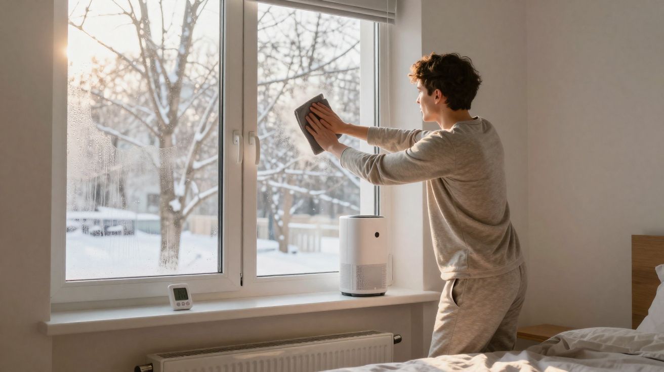 Pessoa a limpar a janela num quarto com neve no exterior ao amanhecer.