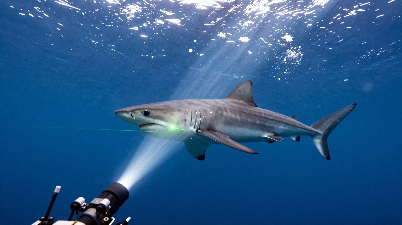 Tubarão a nadar no oceano, iluminado por luz forte vinda de equipamento subaquático.