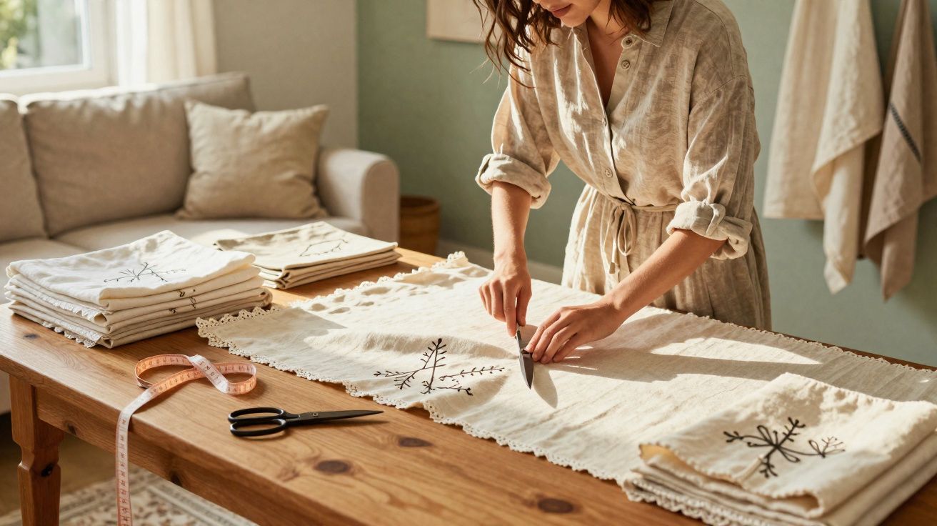 Mulher a cortar tecido bordado numa mesa de madeira numa sala iluminada e acolhedora.