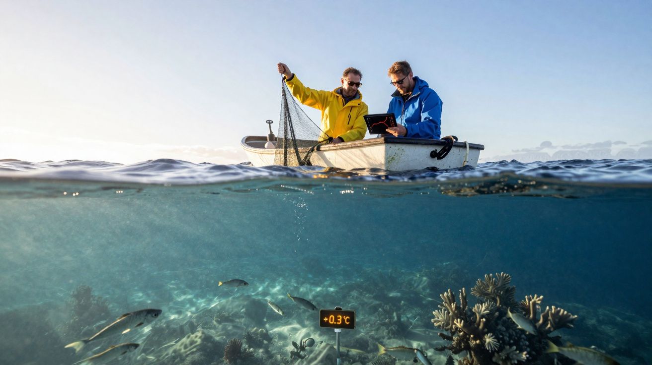 Dois homens num barco a recolher dados científicos na água sobre o aumento da temperatura oceânica.