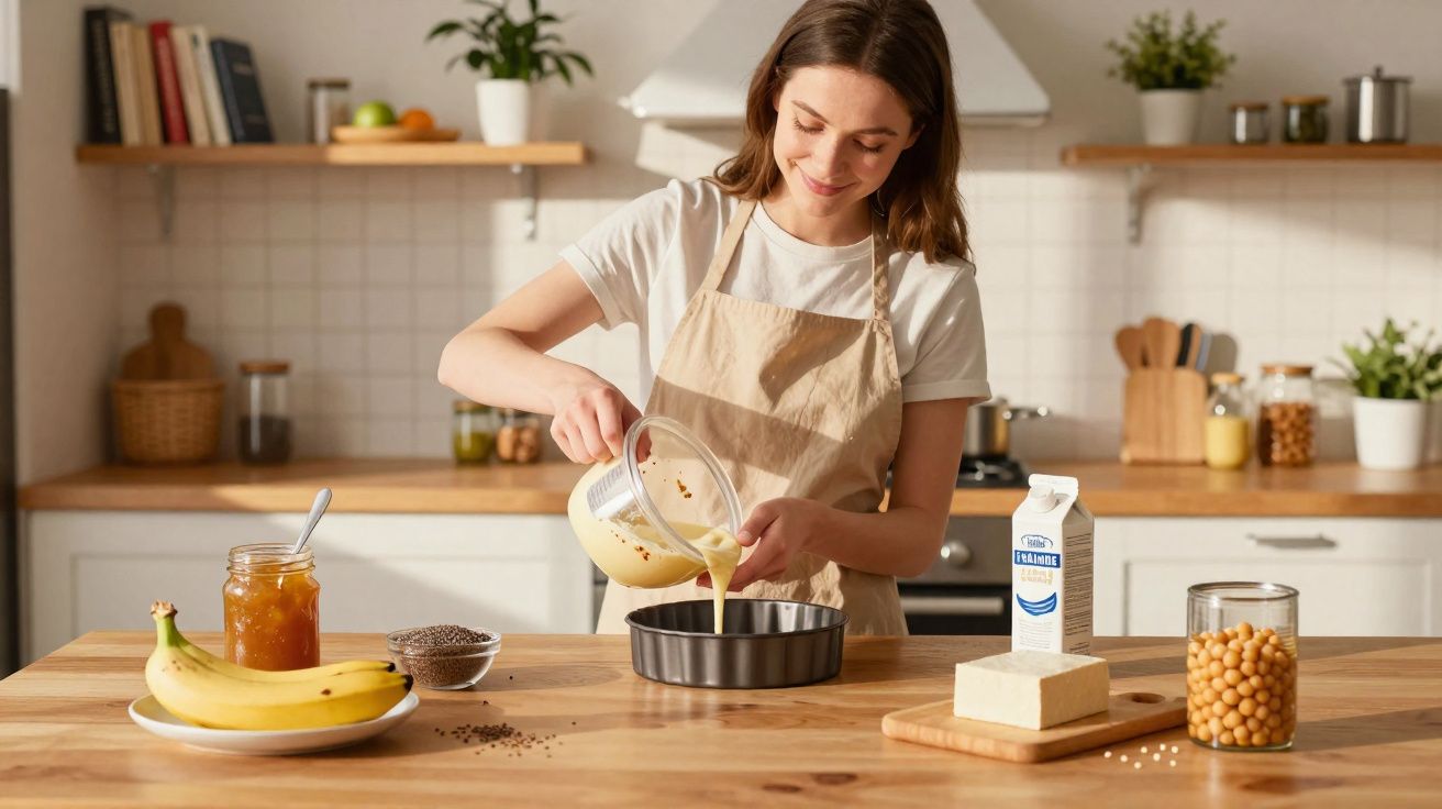 Mulher a verter massa numa forma de bolo numa cozinha com ingredientes na bancada.