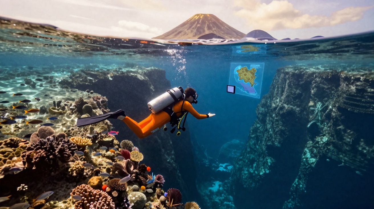 Mergulhador em traje laranja explora recife de coral com vulcão ao fundo, mapa digital subaquático visível.