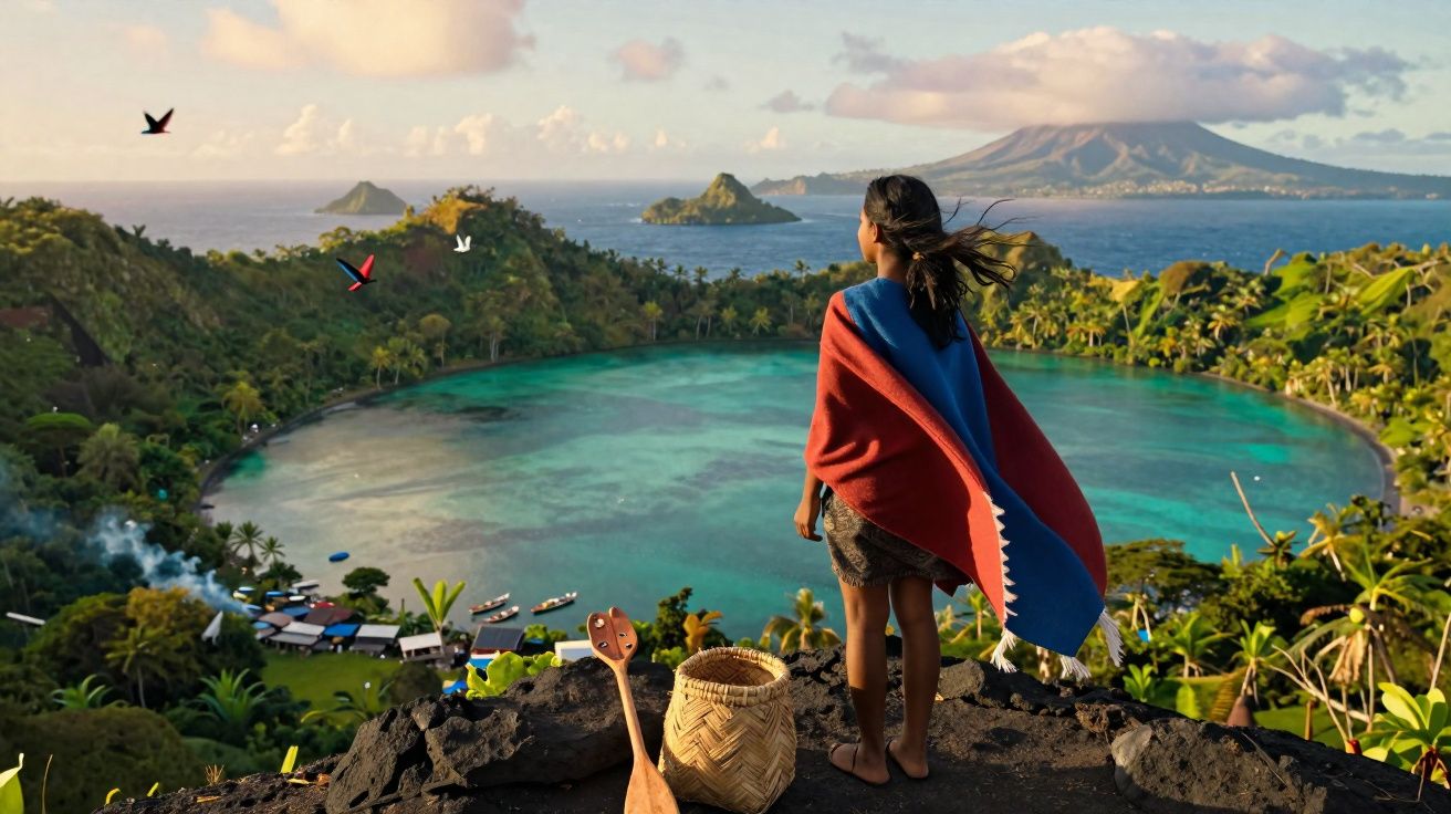 Criança com manta colorida olha para lago azul rodeado por selva e montanhas ao pôr do sol.