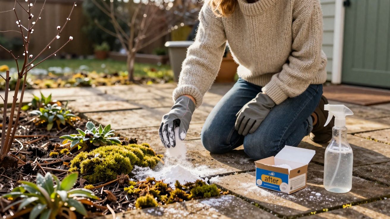 Pessoa com luvas a aplicar pó branco num jardim junto a plantas, ao ar livre numa calçada de pedra.