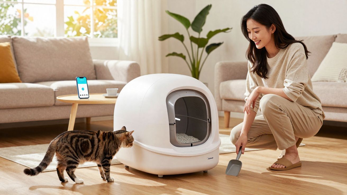 Mulher sorridente limpa areia de casa de banho automática para gato com gato curioso ao lado em sala iluminada.