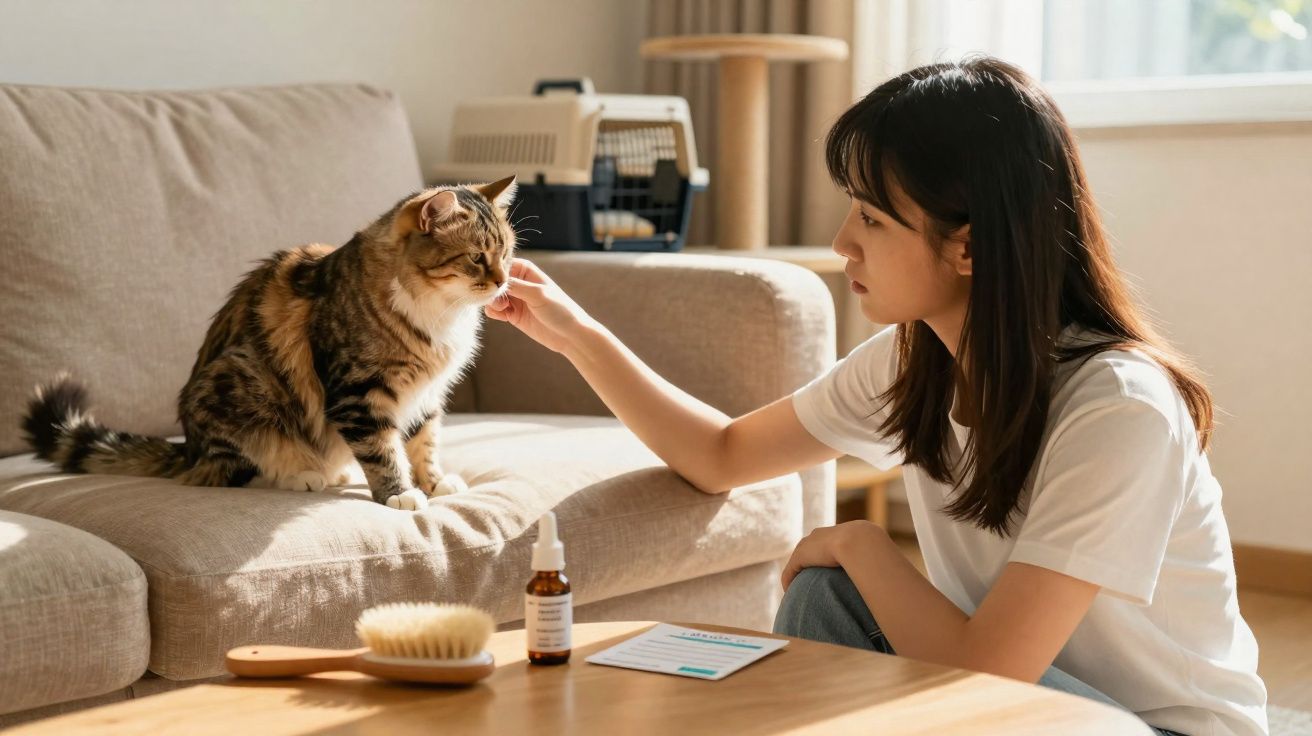 Mulher a acariciar gato sentado no sofá numa sala iluminada, com escova e medicamento numa mesa de madeira.