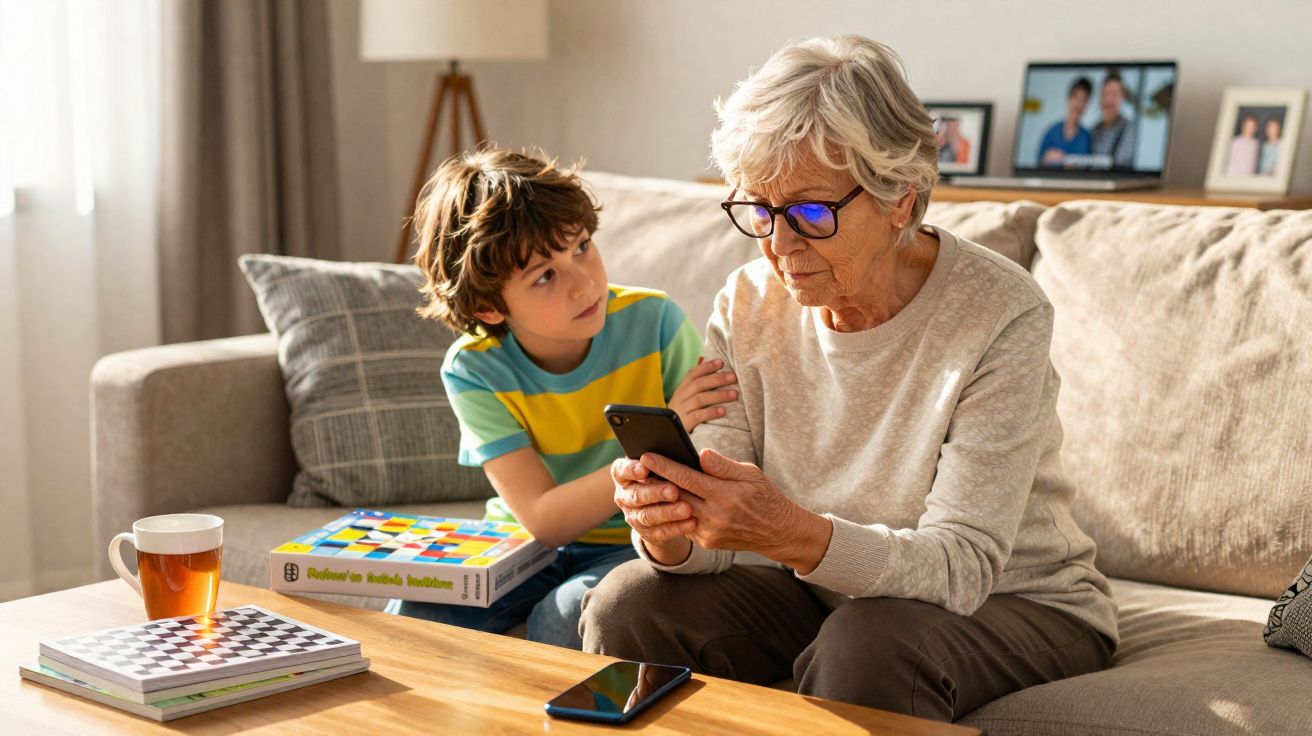 Criança ensina avó a usar telemóvel num sofá, rodeados por jogos, livros e chá numa sala iluminada.