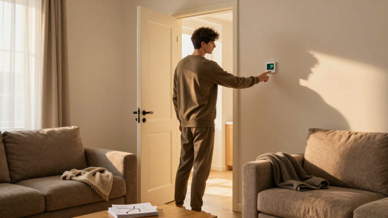 Homem ajusta termostato numa sala acolhedora com sofás e manta numa manhã iluminada.