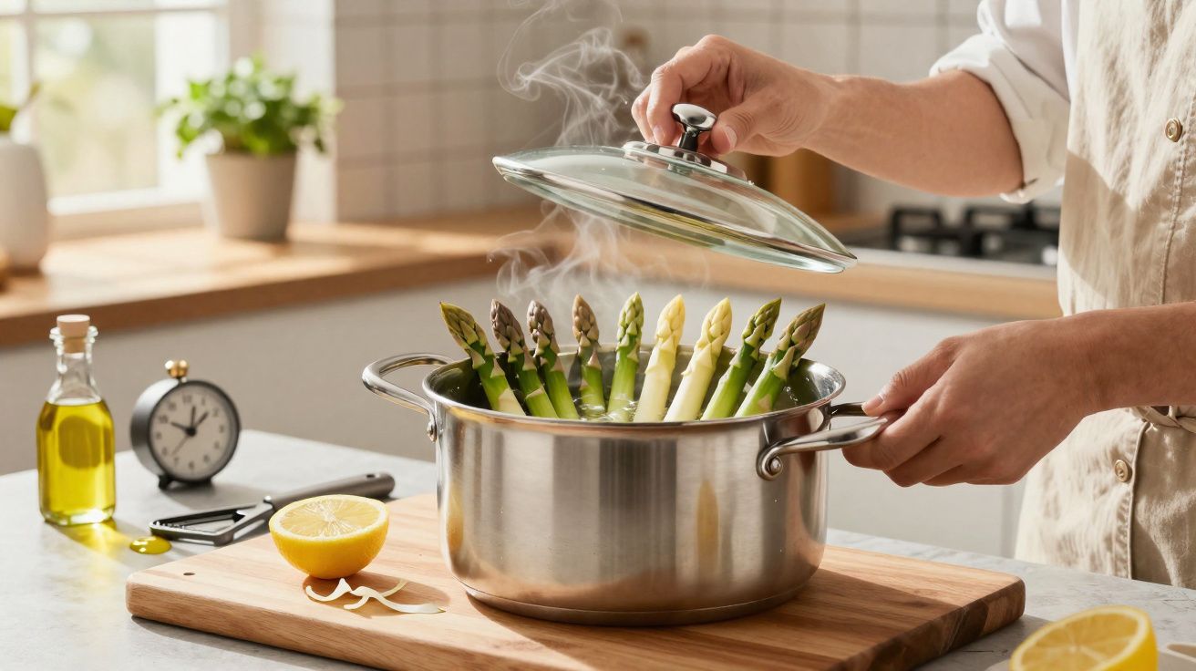 Mãos a levantar tampa de panela com espargos verdes e brancos a cozer numa cozinha iluminada, com limão e azeite próximos.