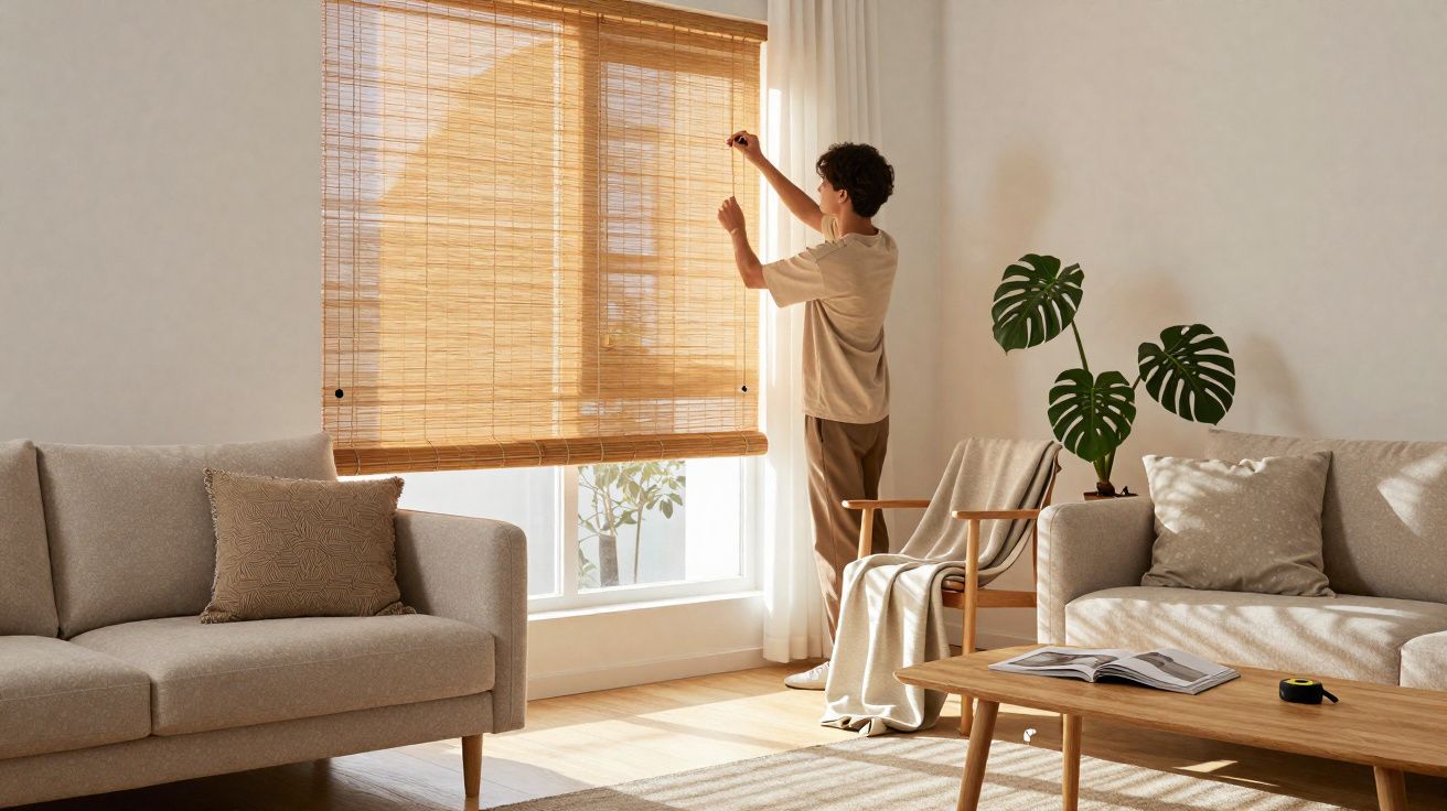 Pessoa a ajustar cortina de bambu em sala luminosa com sofás cinzentos e mesa de madeira.