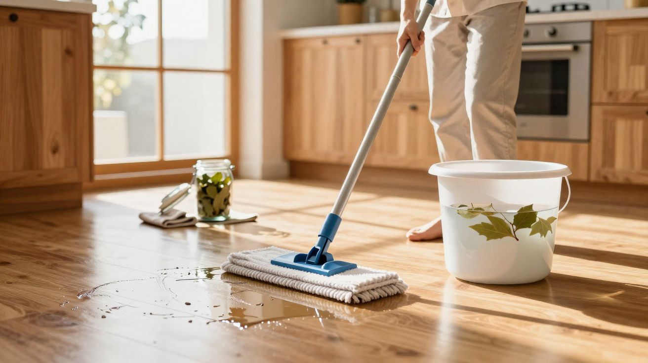 Pessoa a limpar chão de madeira com esfregona e balde numa cozinha iluminada pela luz natural.