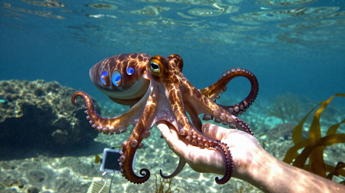 Polvo marrom com manchas azuis a ser segurado por uma mão debaixo de água no oceano.