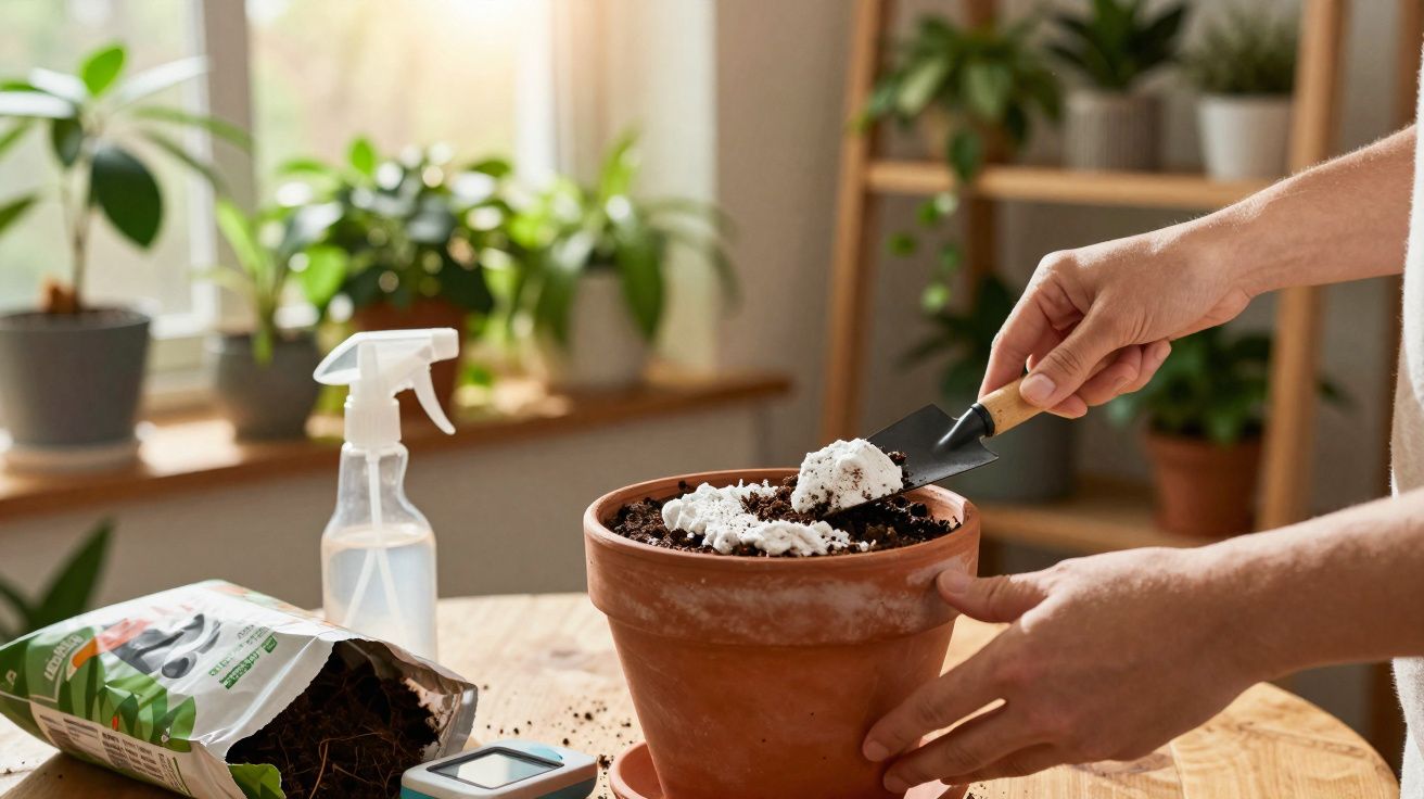 Mãos a plantar terra com fertilizante em vaso de barro numa mesa junto a janela com plantas decorativas.