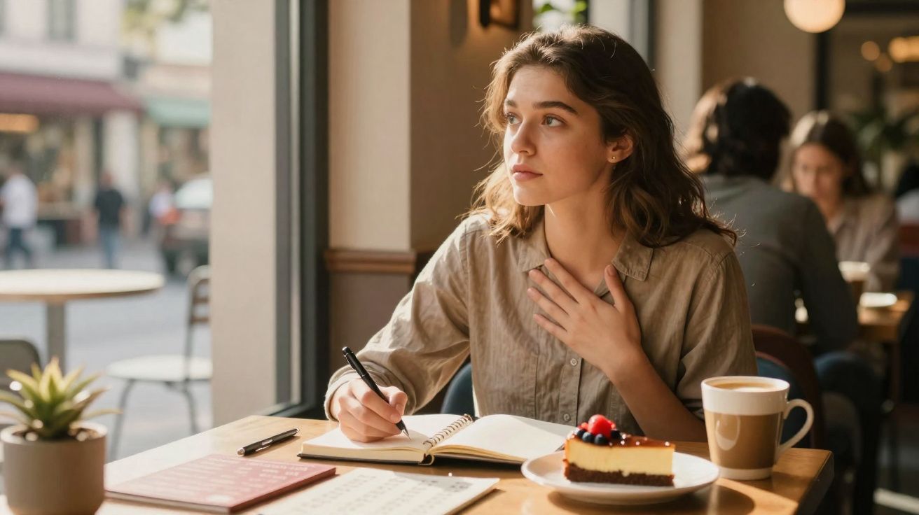 Mulher jovem a escrever num caderno numa cafetaria, com fatia de bolo e chávena de café na mesa.