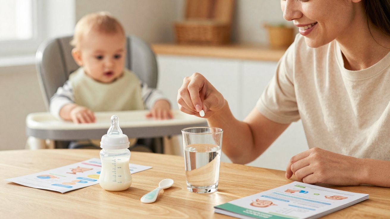 Mãe prepara medicamento em comprimido com copo de água enquanto bebé está na cadeira alta.